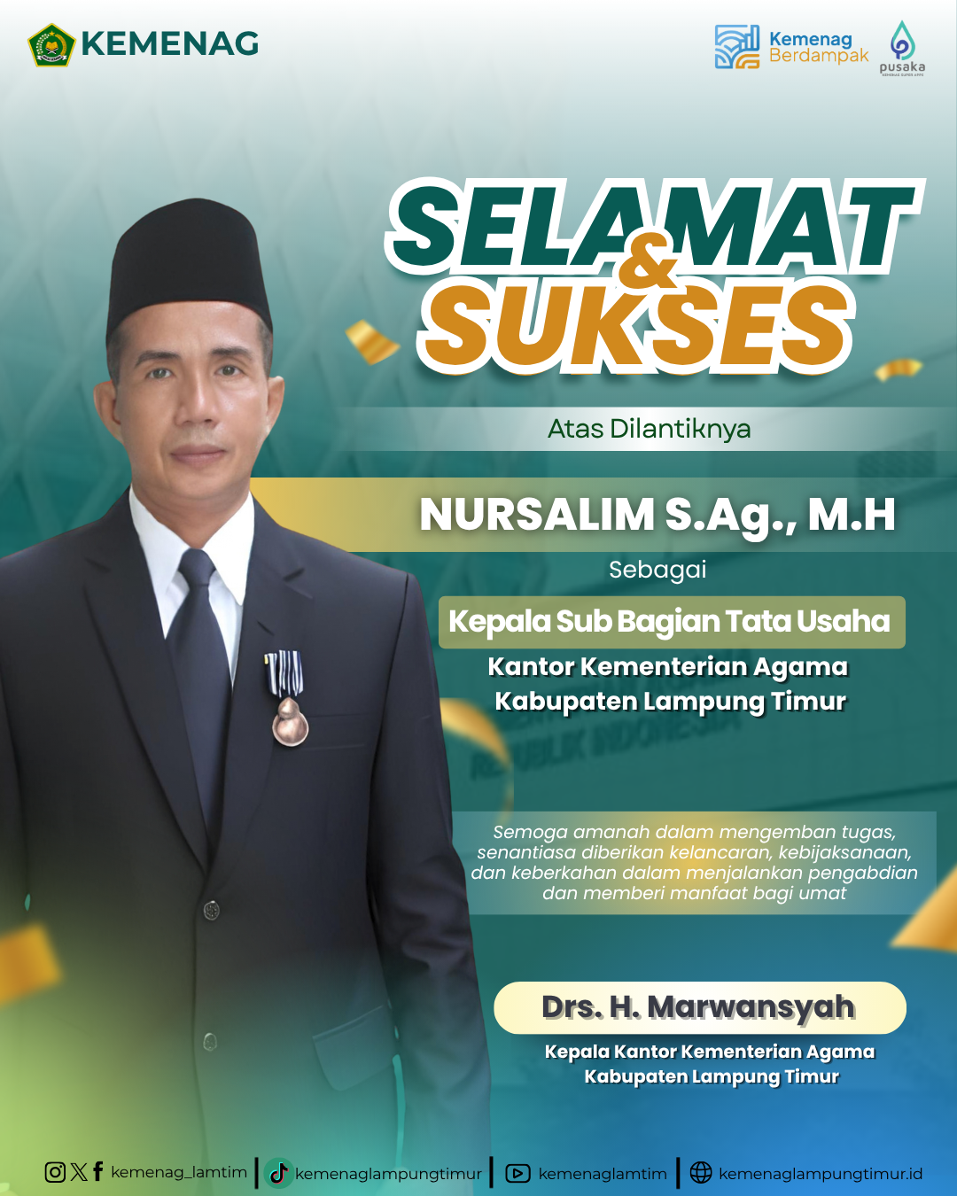 selamat dan sukses kasubbag tata usaha 