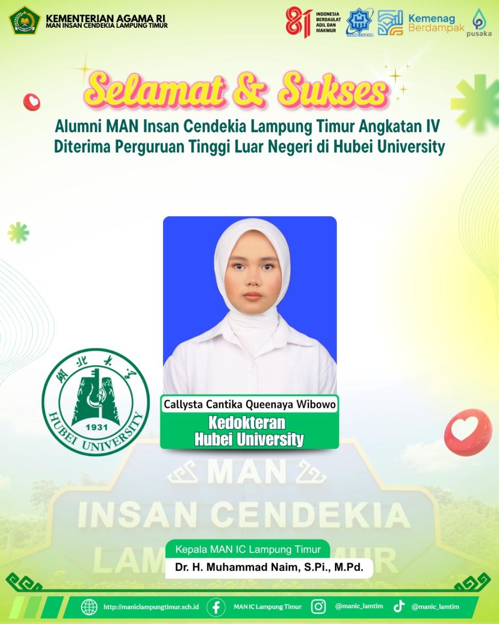 Callysta Cantika, Alumni MAN IC Lampung Timur Angkatan IV Tembus Kedokteran Hubei University, China
