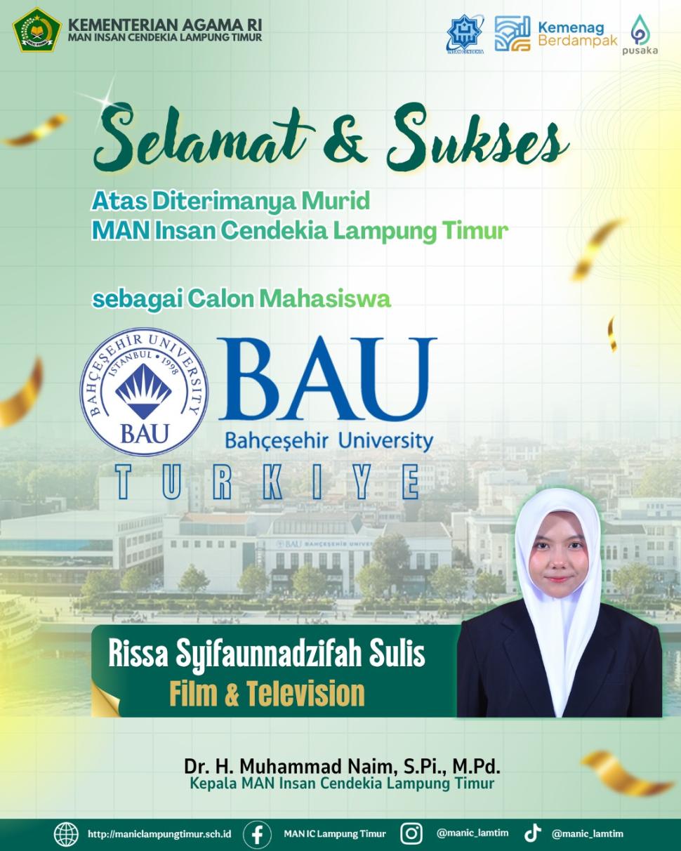 Rissa Murid MAN IC Lampung Timur Tembus Perguruan Tinggi Internasional di Turkiye