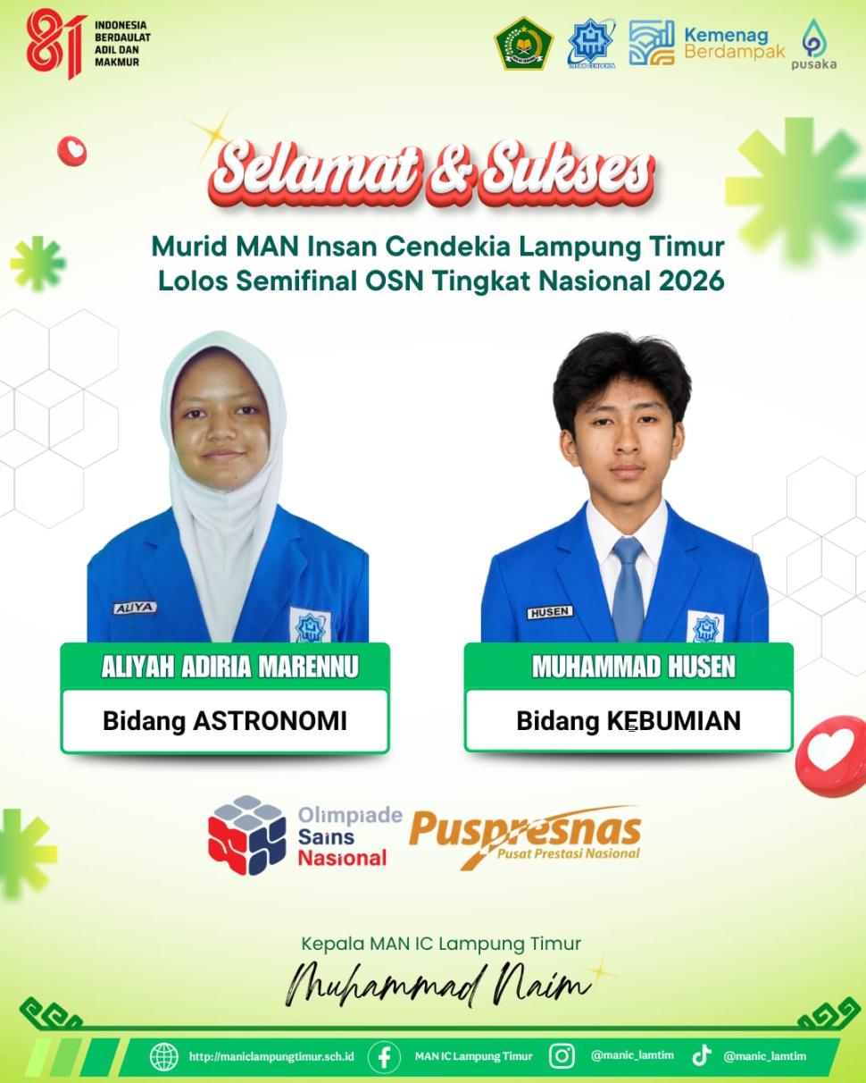 Dua Murid MAN IC Lampung Timur Melaju ke Semifinal OSN Tingkat Nasional 2026