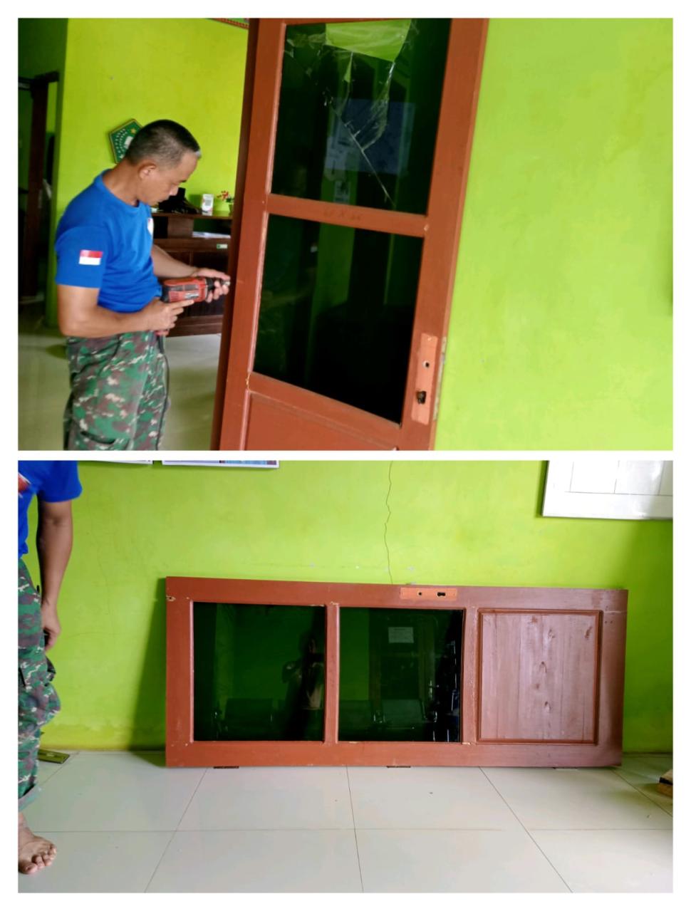 KUA Jabung Lakukan Perbaikan Kaca Pintu Secara Mandiri