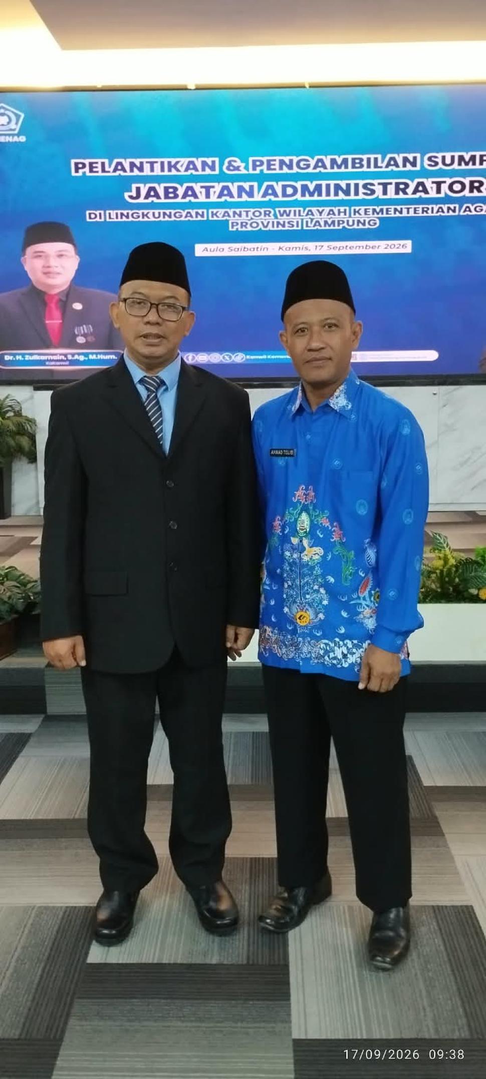 Kepala KUA H. Ahmad Tolib Hadiri Pelantikan Ka. Kankemenag Lampung Timur
