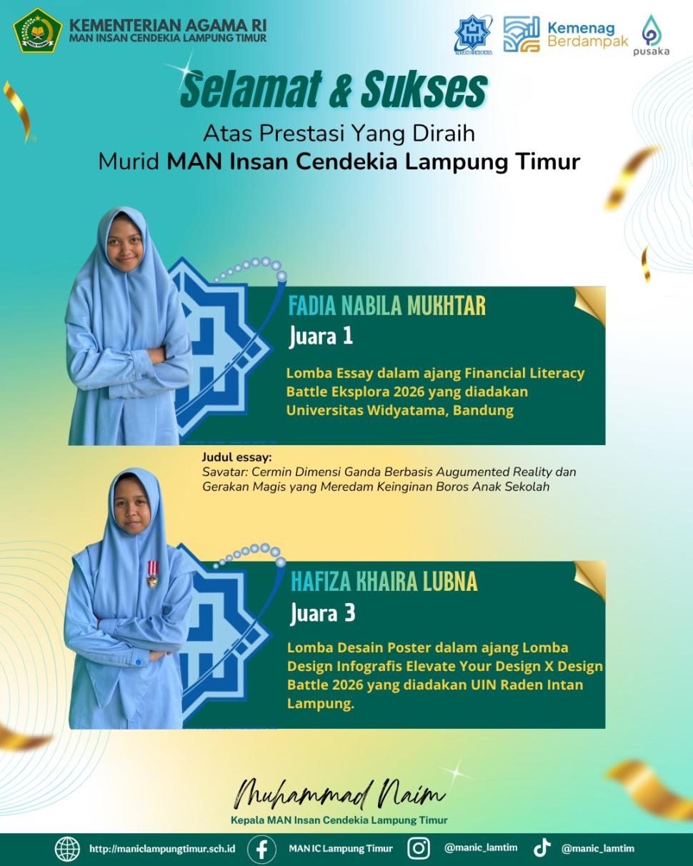 Dua Murid MAN IC Lampung Timur Ukir Prestasi Nasional di Bidang Esai dan Desain Poster