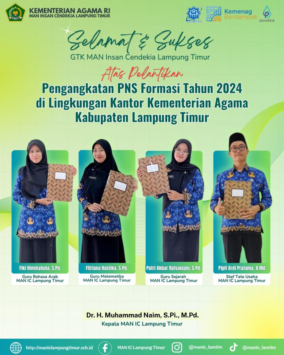 Resmi Dilantik Serentak oleh Menag RI, 4 PNS Baru MAN IC Lampung Timur Siap Berkarya dan Menginspirasi
