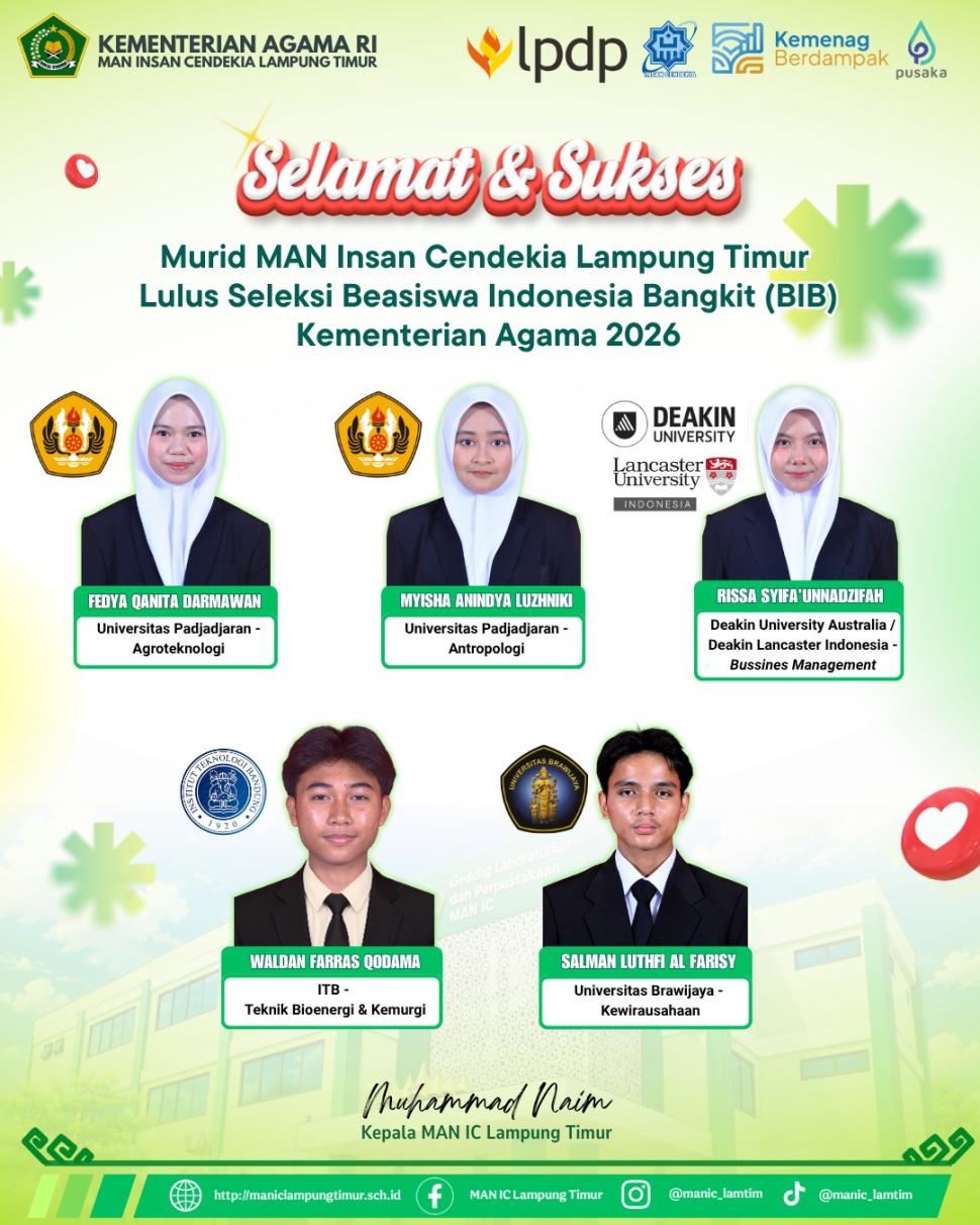 Lima Alumni MAN IC Lampung Timur Tahun 2026, Sukses Tembus Beasiswa Indonesia Bangkit (BIB) Kemenag 2026